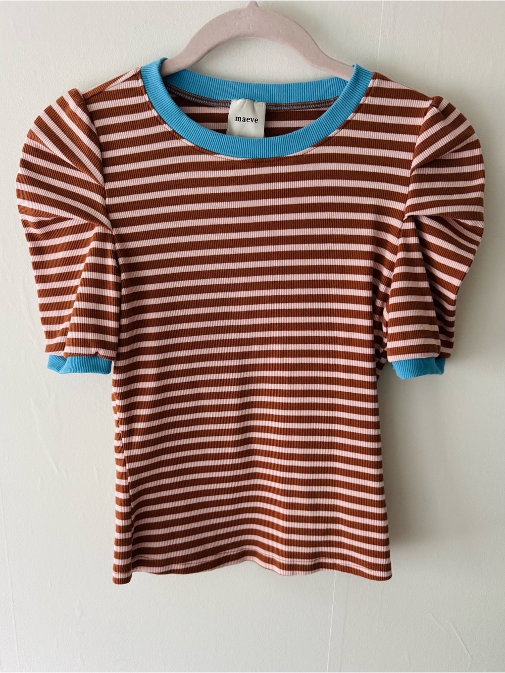 Maeve by Anthropologie Brown & Pink Striped Puff Sleeve Top with Blue Trim